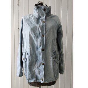 Funnel neck, long denim jacket, light wash, size M